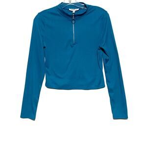 Love J Blue Ribbed Cropped Half Zip Hoodie Sweatshirt Pullover Womens Large